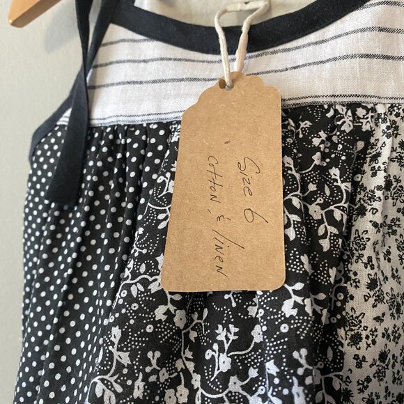 Handmade Children's Cotton Linen Black White Mixed Pattern Tie Strap Dress - Picture 4 of 13
